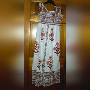 Bindu Hand Locked Print Floral Maxi Dorothea Dress With Border Print NWT Size L